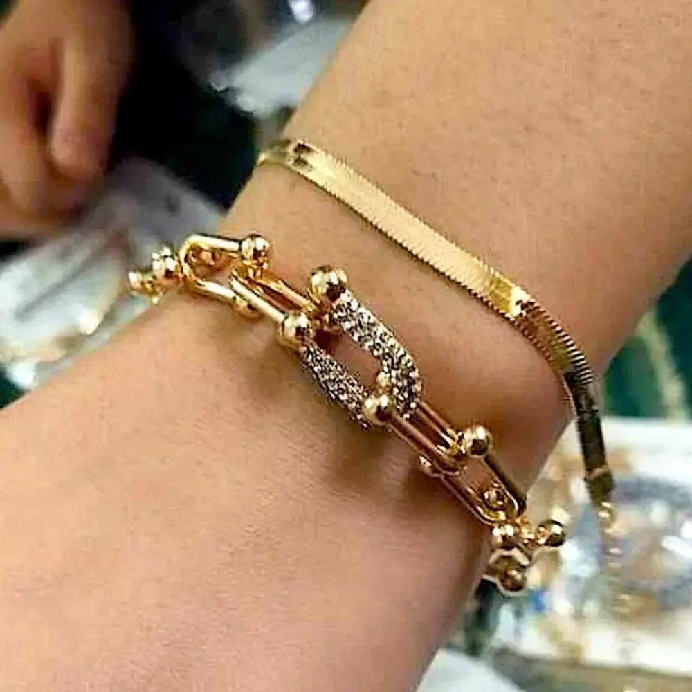 GOLD RHINESTONE U LINK BRACELET 2 PIECE BRACELET SET